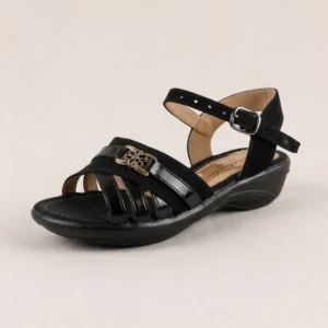 sandalia para dama nubia huerta con tiras cruzadas, herrajes y tacón bajo